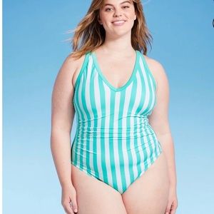 Kona Sol Women's Plus Size V-Neck Over the Shoulder High Leg One Piece Swimsuit